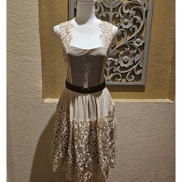 Ryu L Lace Mesh Dress Tan Cream Romantic Boho Cottagecore Vintage Fit Flare - Picture 3 of 16